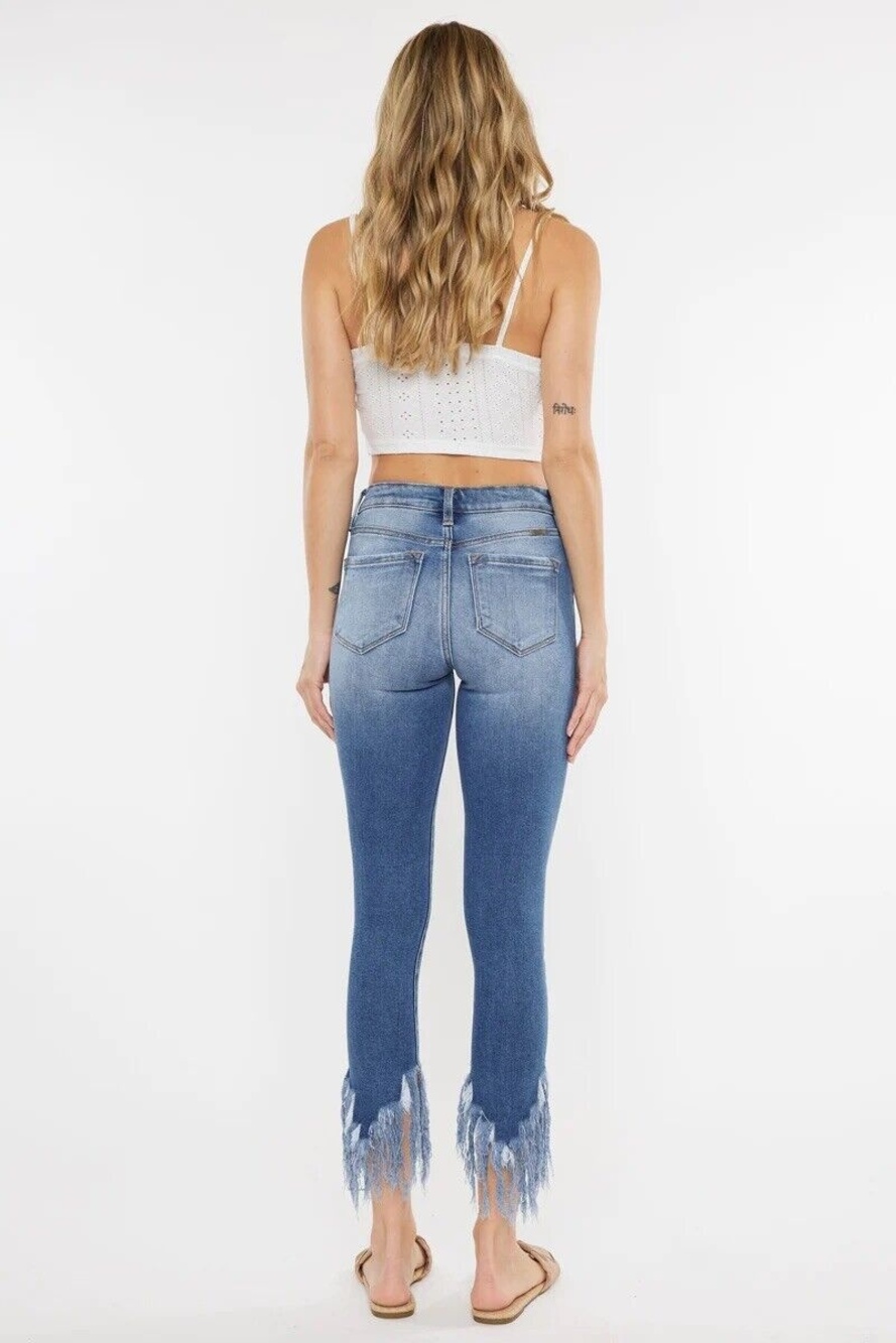 KanCan Leslie Mid Rise Skinny Busted Knee Frayed Hem Jeans Blue 23